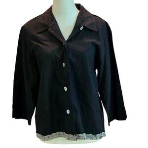 Vtg 80s Stonebridge Black ButtonUp Blouse Patterned Hem Pointed Collar Women's L